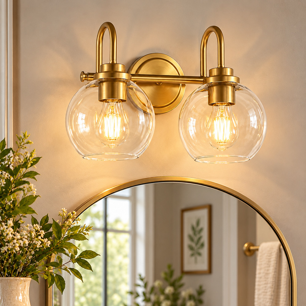 Brushed Gold Wall Sconce – Clear Glass Globe Bathroom Vanity Light